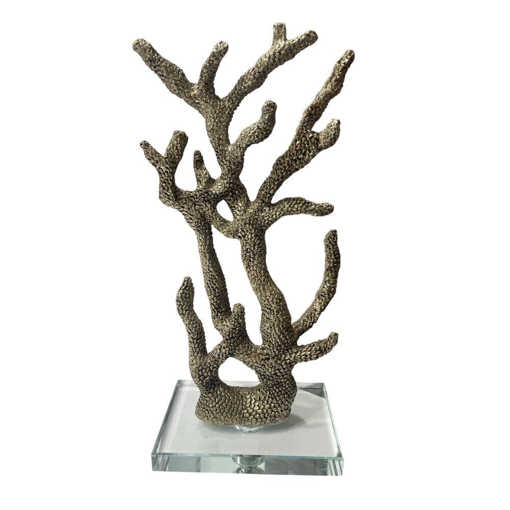 Faux Coral Branch Sculpture Clear Acrylic Base Coastal Beach House Decor 14"